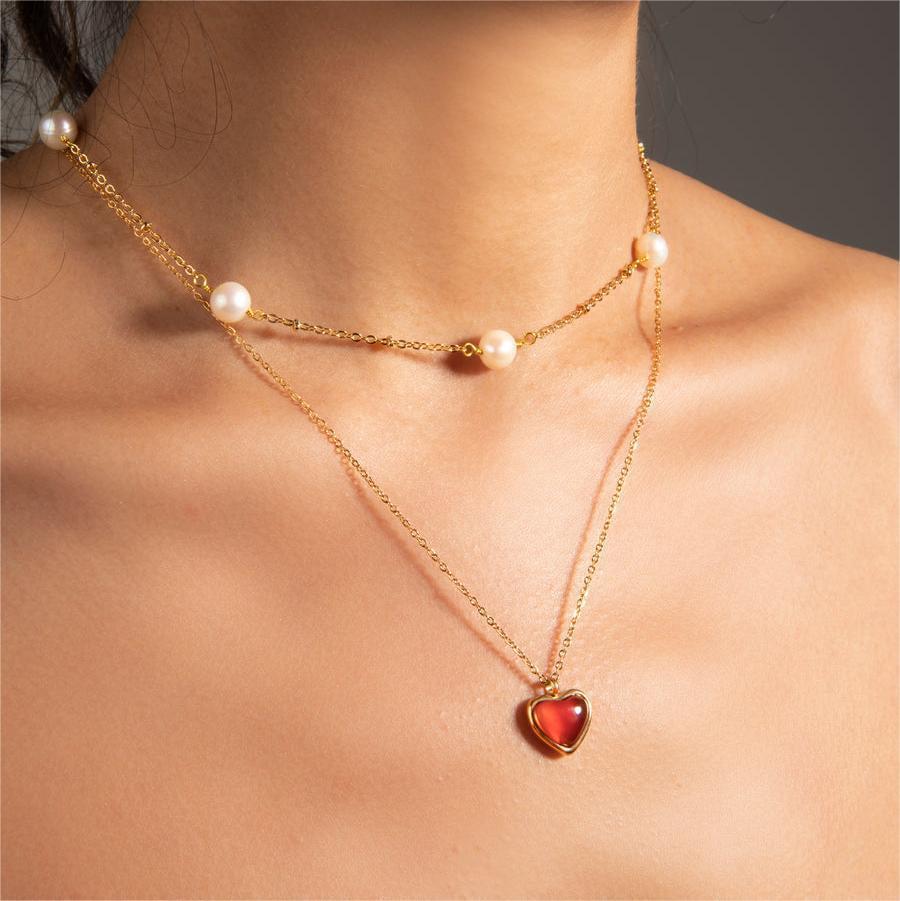 Titanium Steel Natural Stone Red Agate Pendant Necklace High Color Compound Color Sweater Chain Heart-shaped