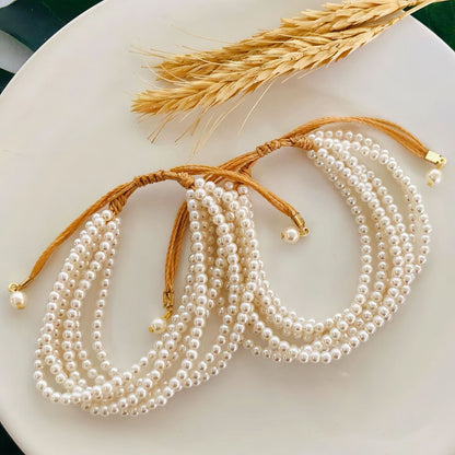 1 PCS Multilayer Pearl Bracelet For Women Unique Adjustable Rope Chic White Pearl Bracelet Elegant Wedding Jewely