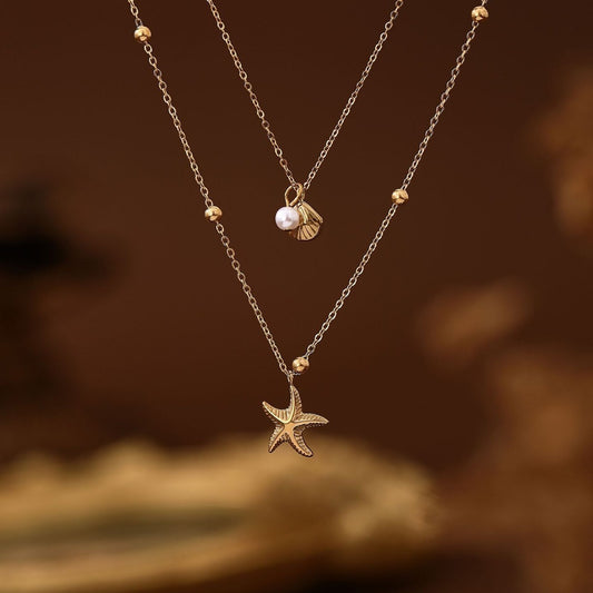 Titanium Steel High Color Retention Double-layer Starfish Shell Necklace Vacuum Vapor Plating 18K Gold