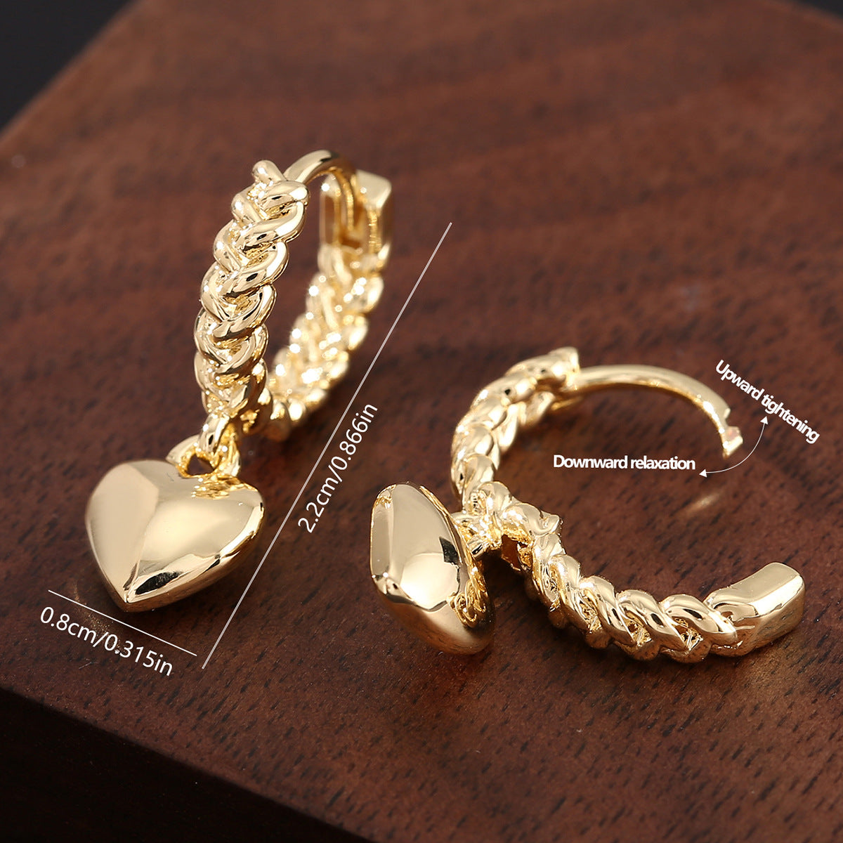 Fashion Lady Temperament Vintage Copper Glossy Love Heart Pendant Earrings