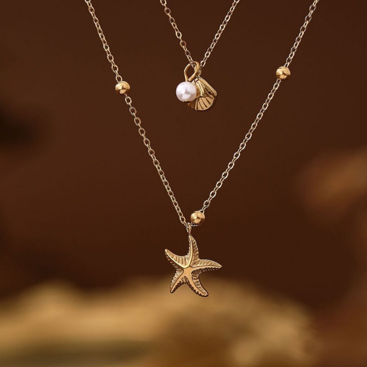 Titanium Steel High Color Retention Double-layer Starfish Shell Necklace Vacuum Vapor Plating 18K Gold