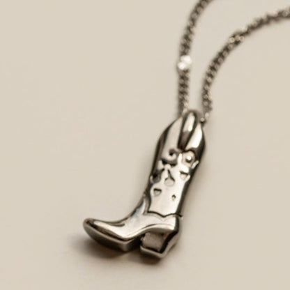 Cowboy Boot Necklace Vintage Ancient Silver Boots Pendant Stainless Steel