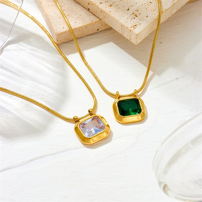 Stainless Steel Polygonal Zircon Pendant Necklace