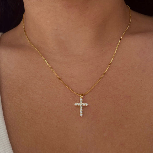 Titanium Steel Zircon Box Chain Cross Pendant Necklace